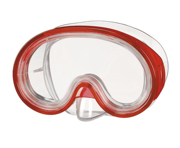 Taucherbrille mit rotem Rahmen und klarem Sichtglas für Unterwasseraktivitäten.