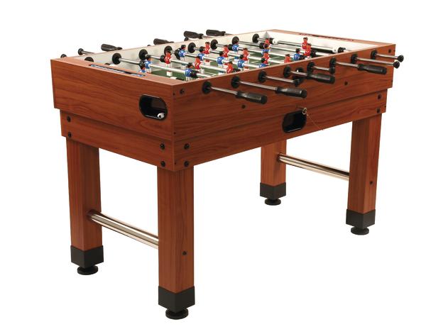 Tischkicker aus Holz mit roten und blauen Spielfiguren, ideal für Freizeit und Spielspaß.