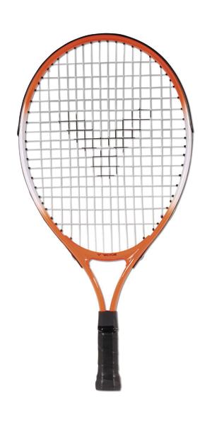 Tennisschläger mit orangefarbenem Rahmen und schwarzem Griff, isoliert auf weißem Hintergrund.