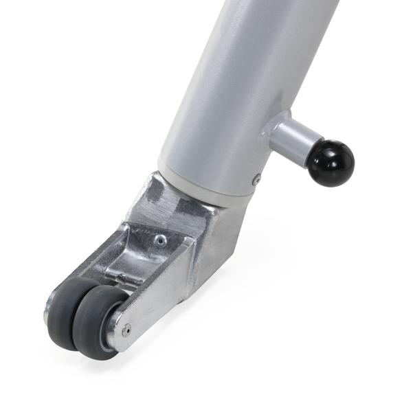 Rollfuß mit Doppelrollen und Metallhalterung für verstellbare Möbel- oder Gerätebeine, grau.