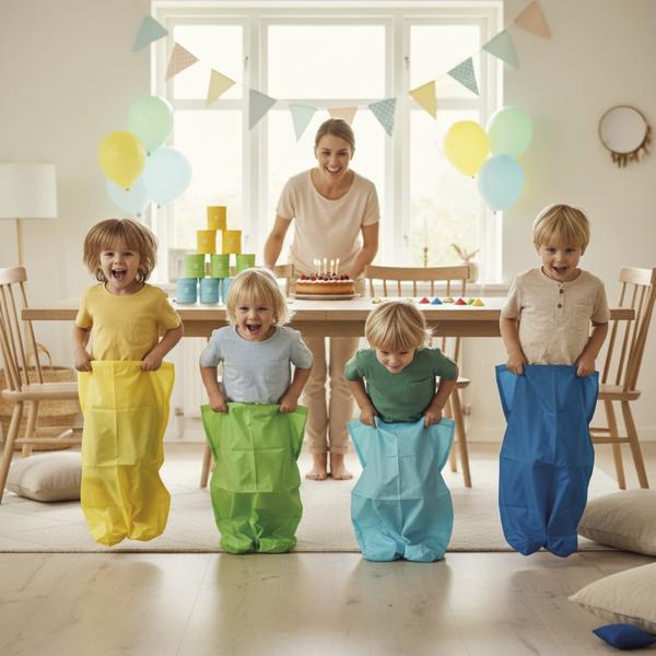 Vier Kinder hüpfen in bunten Säcken bei einem Spiel, im Hintergrund steht eine Frau an einem Tisch mit Kuchen und Dekoration.