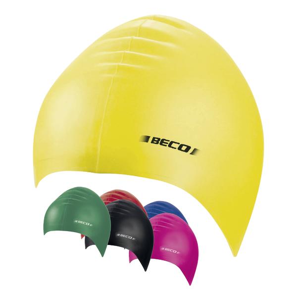 Gelbe Beco Schwimmkappe aus Silikon mit weiteren Farben im Hintergrund.