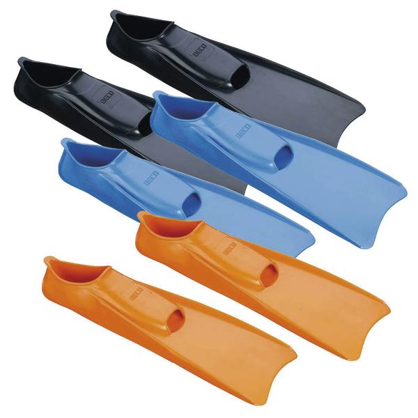 Schwimmflossen in Schwarz, Blau und Orange für Tauchen und Schnorcheln.
