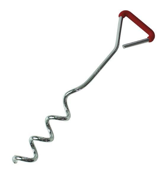 Erdanker aus Metall mit rotem Griff, spiralförmig für sicheren Halt im Boden.