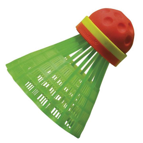 Bunter Kunststoff-Badmintonball mit rotem Kopf und grünem Federteil für Freizeitspiele.
