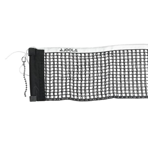 Schwarzes Tischtennisnetz mit Befestigung und weißem Rand von JOOLA, isoliert auf weißem Hintergrund.
