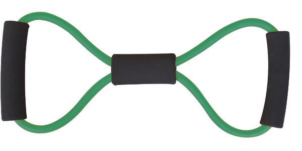 Grünes Fitness-Expanderband mit Schaumstoffgriffen für Kraft- und Widerstandstraining.