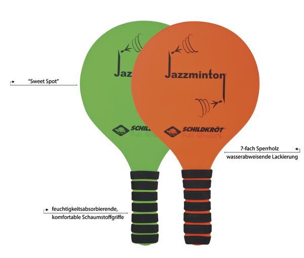 Zwei bunte Jazzminton-Schläger mit Schaumstoffgriffen und wasserabweisender Lackierung.