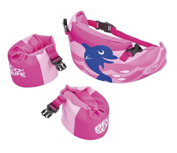 Pinkes Schwimmset mit Delfin-Motiv, bestehend aus Schwimmgürtel und zwei Armbändern für Kinder.