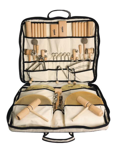 Tragbares Percussion-Instrumentenset mit Trommeln, Rasseln und Holzklappern in Tasche.