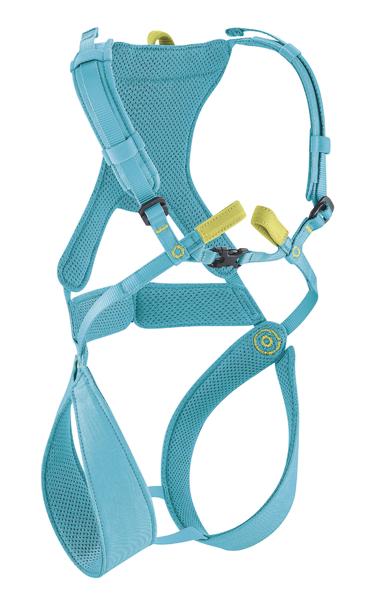 Blaues Klettergeschirr mit gepolsterten Gurten und verstellbaren Schnallen für sicheren Halt.