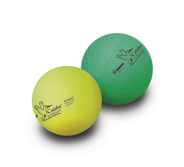 Gelber und grüner Colibri Supersoft Basketball, weiche Oberfläche, 21 cm Durchmesser.