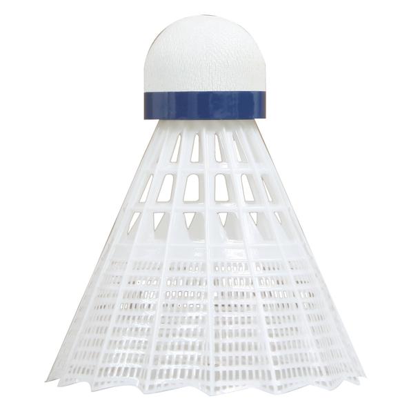 Weiße Kunststoff-Badminton-Feder mit blauem Ring, isoliert auf weißem Hintergrund.