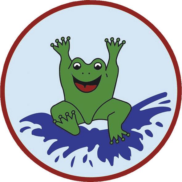 Fröhlicher grüner Frosch springt aus blauem Wasser in rotem Kreis.