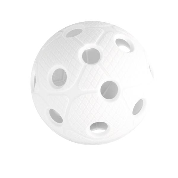 Weißer Floorball-Ball mit Löchern, geeignet für Hallen- und Outdoor-Sportarten.