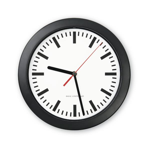 Wanduhr mit schwarzem Rahmen zeigt 9:27 Uhr, weiße Ziffernblatt und rote Sekundenanzeige.
