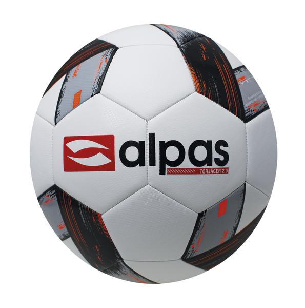 Weißer Fußball mit schwarzem und orangefarbenem Muster und alpas-Logo in der Mitte.
