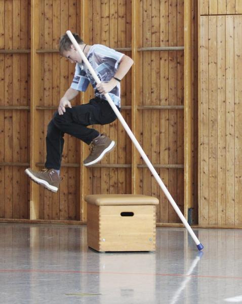 Junge springt mit Stab über Turnkasten in einer Sporthalle mit Holzwand.