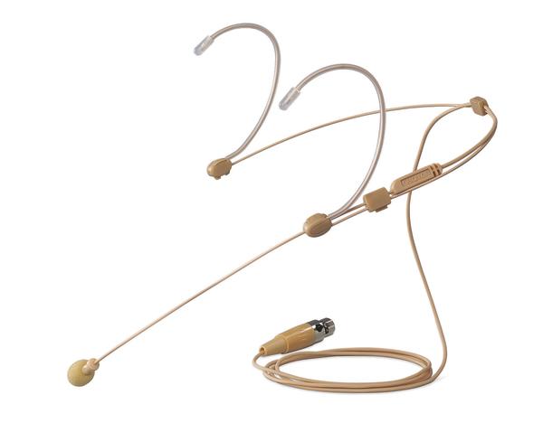 Beige Headset-Mikrofon mit Ohrbügeln und XLR-Anschluss für professionelle Audioanwendungen.