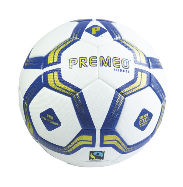 Weißer Fußball mit blau-gelben Akzenten und der Aufschrift "PREMEO Pro Match" auf weißem Hintergrund.