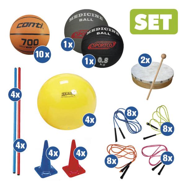 Verschiedene Sportgeräte-Set mit Basketbällen, Medizinbällen, Hütchen und Springseilen.