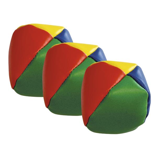 Drei mehrfarbige Jonglierbälle in Rot, Gelb, Blau und Grün vor weißem Hintergrund.