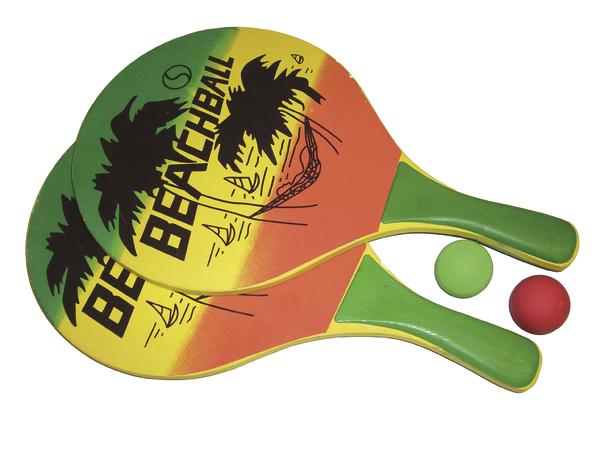 Zwei bunte Beachball-Schläger mit Palmenmotiv und zwei kleine Bälle in Grün und Rot.