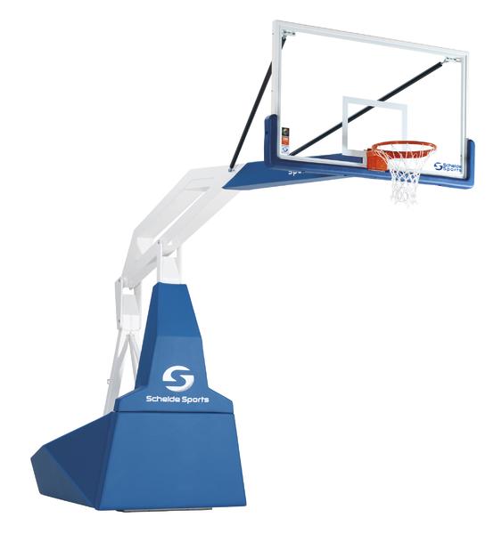Mobiles Basketballkorb-System mit gepolstertem Standfuß und transparentem Backboard.
