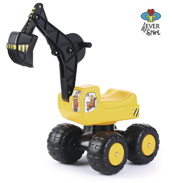 Gelber Kinder-Bagger mit schwarzem Greifarm und großen Reifen, Spielzeugfahrzeug.