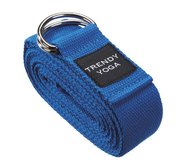 Blauer Yoga-Gurt mit Metallringen und Aufschrift "TRENDY YOGA" für Yoga-Übungen.