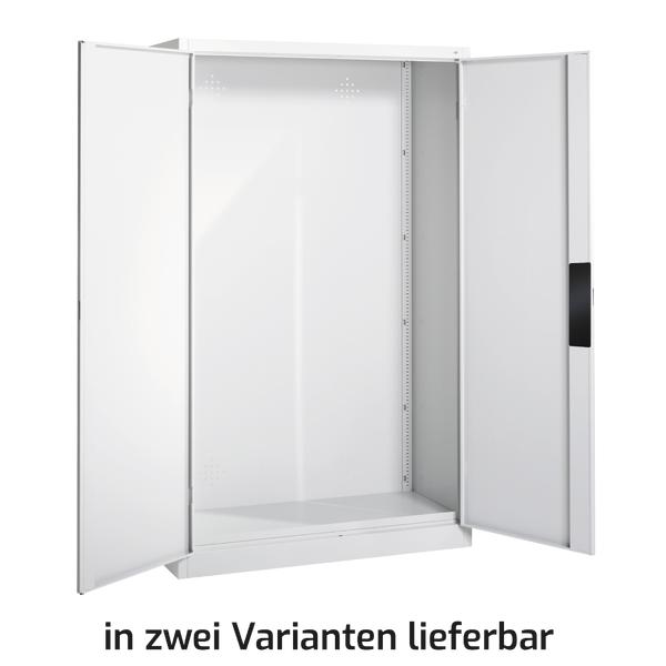 Weißer, offener Metallschrank mit zwei Türen, leer, für Büro- oder Lagerzwecke.