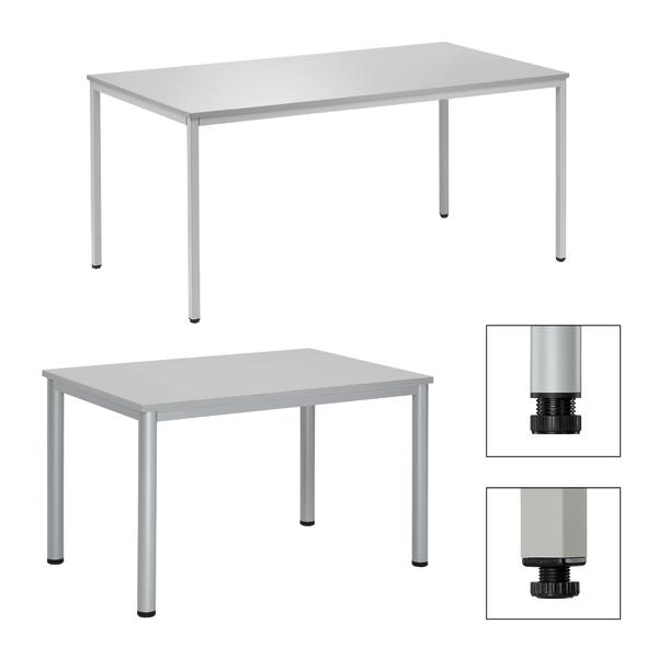Moderner rechteckiger grauer Tisch mit vier Metallbeinen, ideal für Büro oder Zuhause.