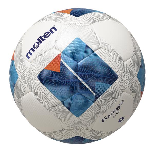 Weißer Molten Vantaggio 3555 Fußball mit blau-orangenen Grafikelementen, Molten-Logo und strukturierter Oberfläche