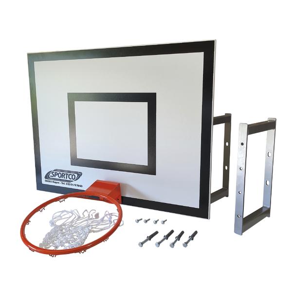 Basketballkorb mit rotem Ring und weißem Netz, 2 Metallhalterungen und Befestigungsschrauben.