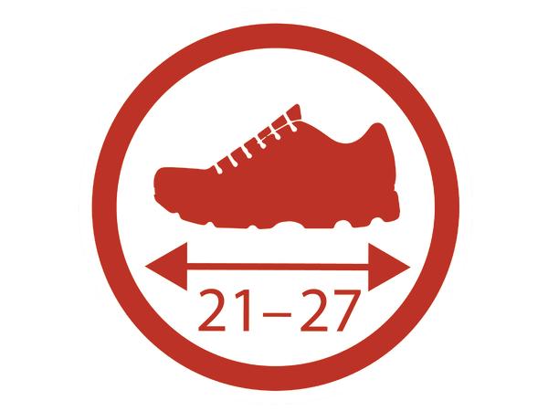 Rote Grafik eines Schuhs mit Größenangabe 21-27, Symbol für Schuhgrößenbereich.
