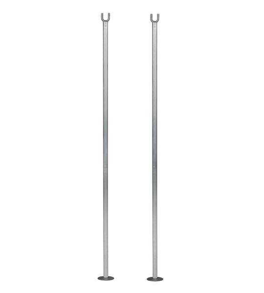 Zwei silberne Metallstangen mit Gabelkopf und runder Basis, isoliert auf weißem Hintergrund.
