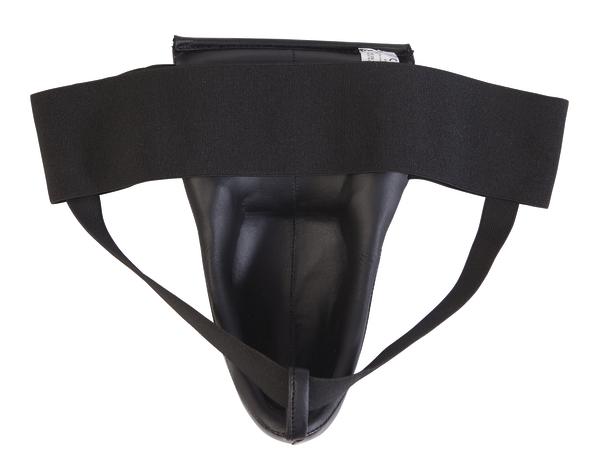 Schwarz gepolsterter Tiefschutz mit elastischen Bändern für Kampfsport und MMA.