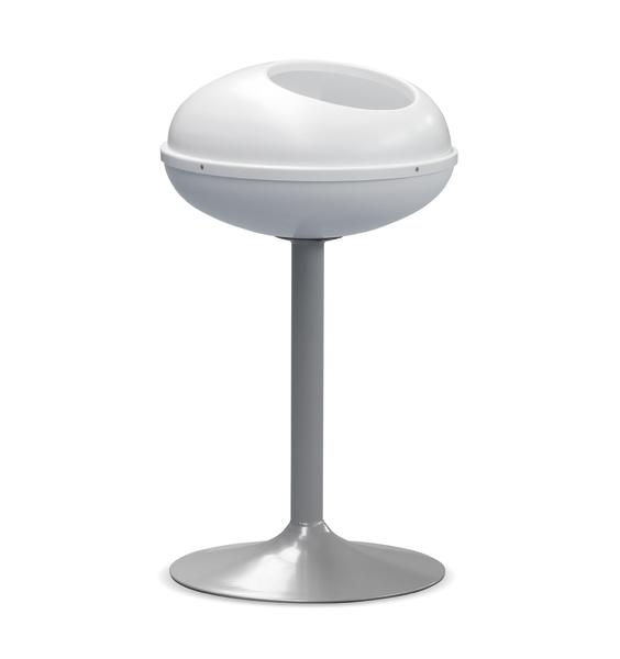 Moderner weißer Magnesiaständer mit rundem Deckel und grauem Ständer, freistehend.