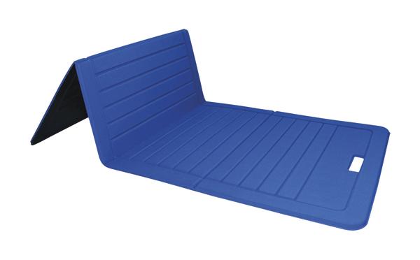 Faltbare blaue Gymnastikmatte aus Schaumstoff mit Tragegriff, ideal für Fitness und Yoga.