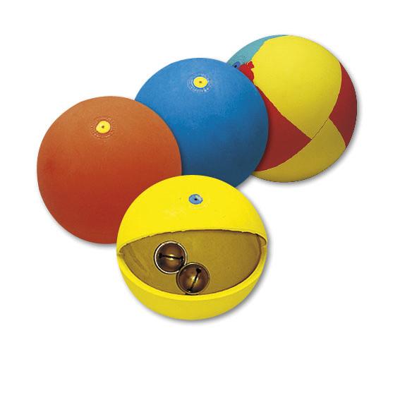 Vier bunte Bälle mit Glocke im Inneren.