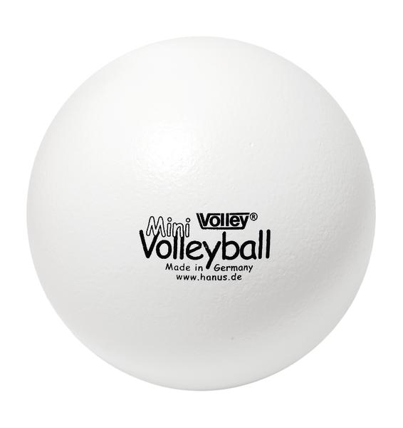 Weißer Mini-Volleyball aus Schaumstoff, hergestellt in Deutschland, mit Logo und Webadresse.