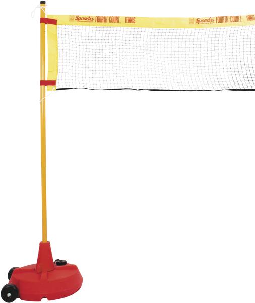 Volleyballnetz mit gelbem Band und rotem Standfuß auf weißem Hintergrund.
