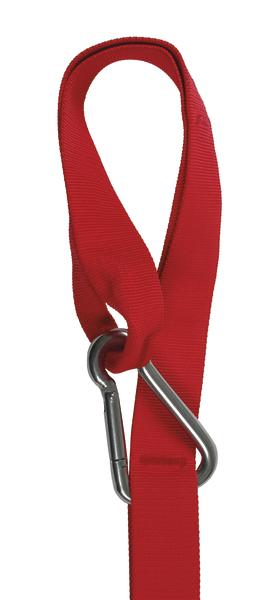 Roter Gurt mit silbernem Karabinerhaken, isoliert auf weißem Hintergrund.