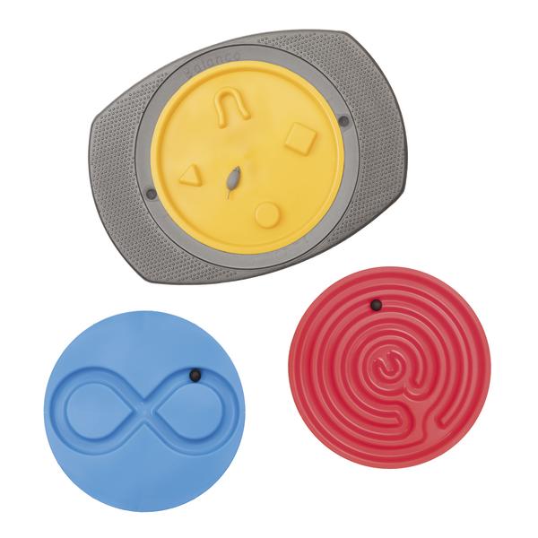 Drei bunte interaktive Balancierbretter mit Labyrinth- und Formensuchfunktionen.