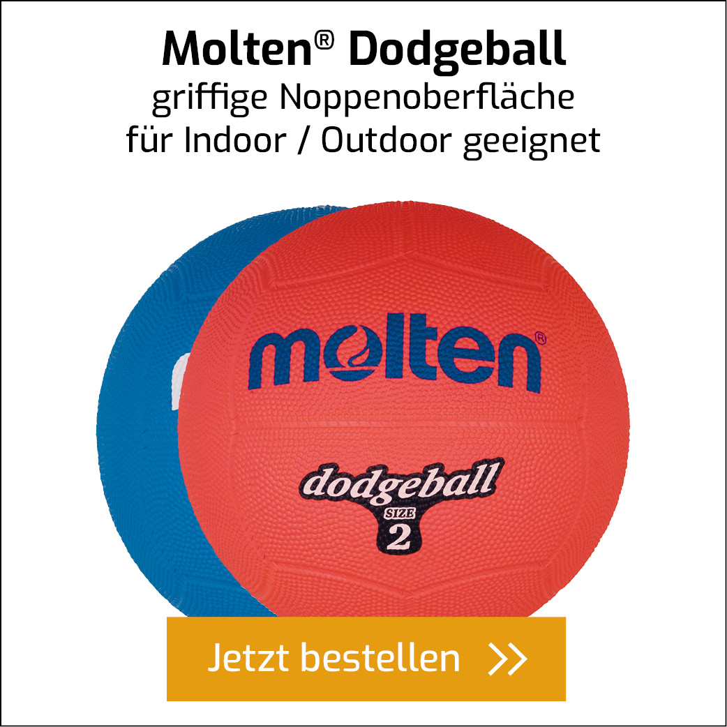 Blauer und roter Dodgeball mit Noppenoberfläche mit Button zum direkten Bestellen