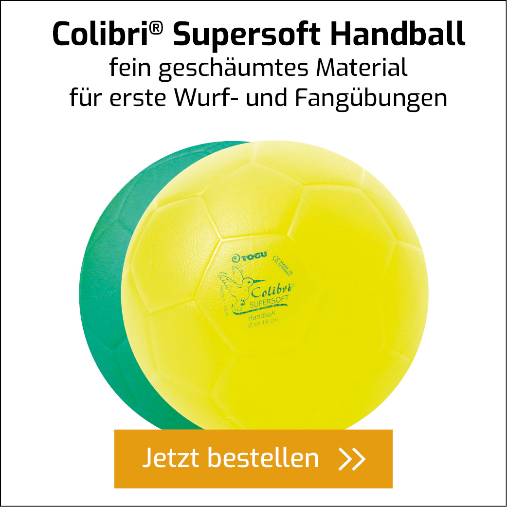 Grüner und gelber Handball aus Schaumstoff für erste Wurfübungen mit Button zum direkten Bestellen
