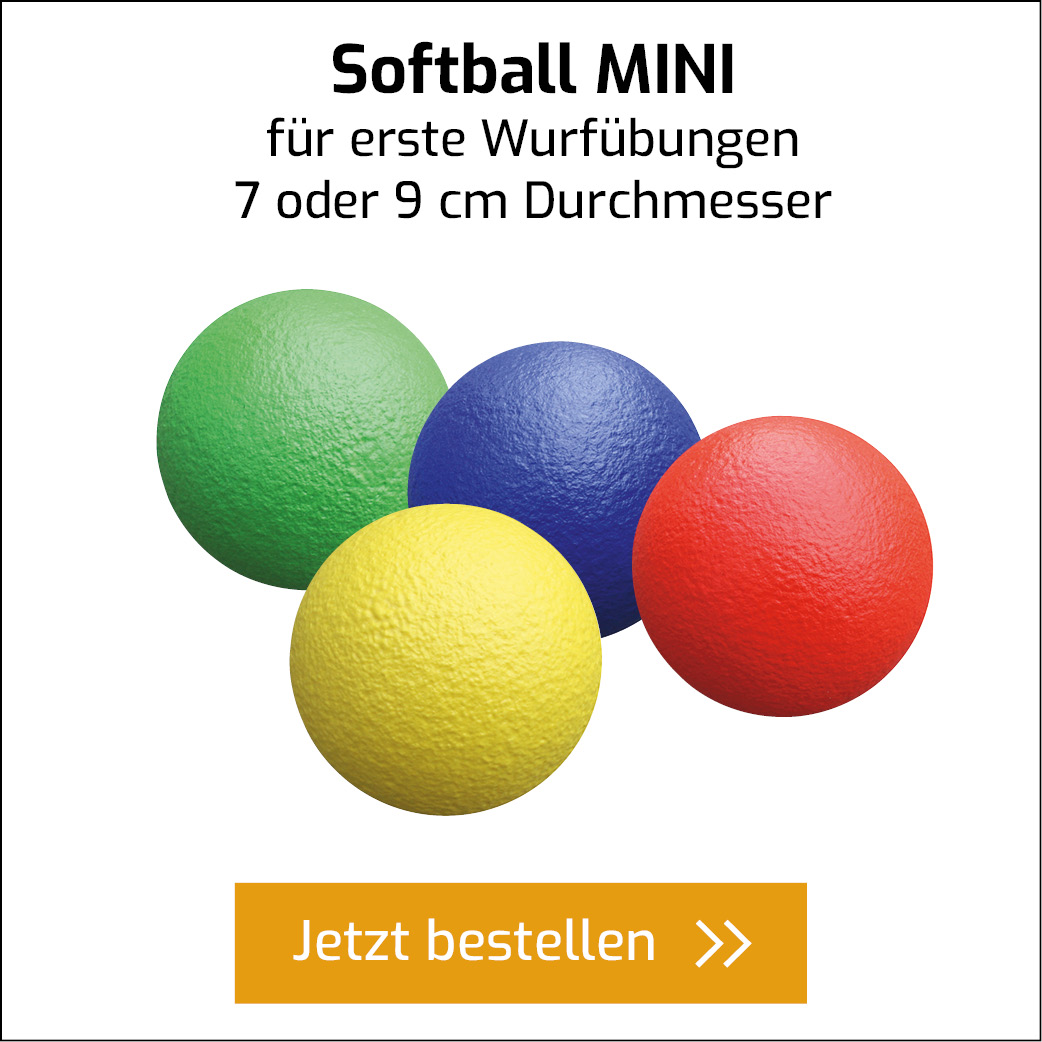 Softball in vier Farben mit PU-Überzug für erste Wurfübungen mit Button zum direkten Bestellen