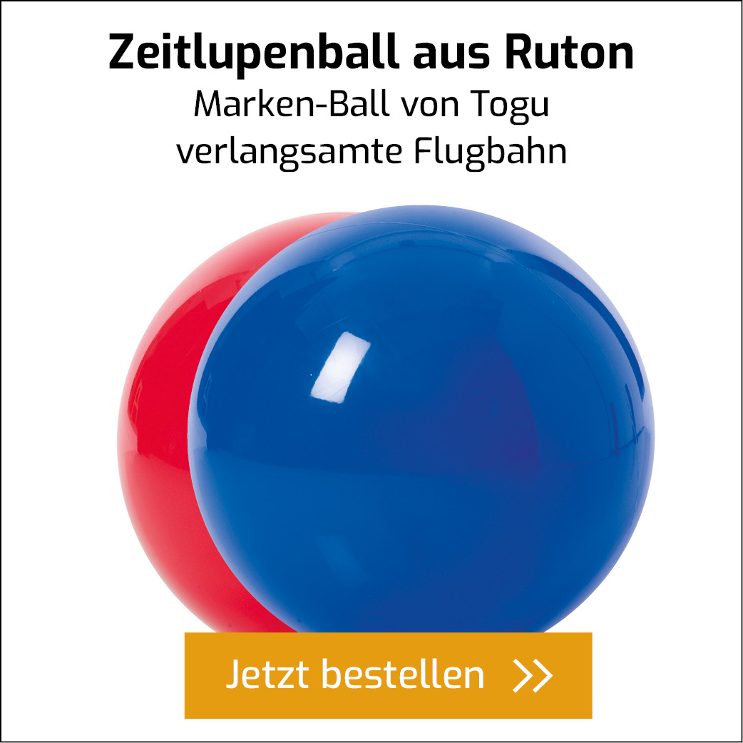 Roter und blauer Zeitlupenball aus Ruton mit verlangsamter Flugbahn mit Button zum direkten Bestellen