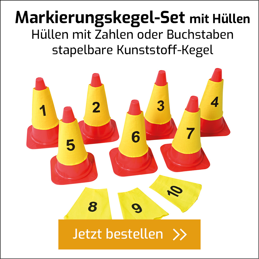 Sieben rote Kegel mit Zahlenhüllen von 1 bis 7 und drei lose Hüllen von 8 bis 10 mit Button zum direkten Bestellen