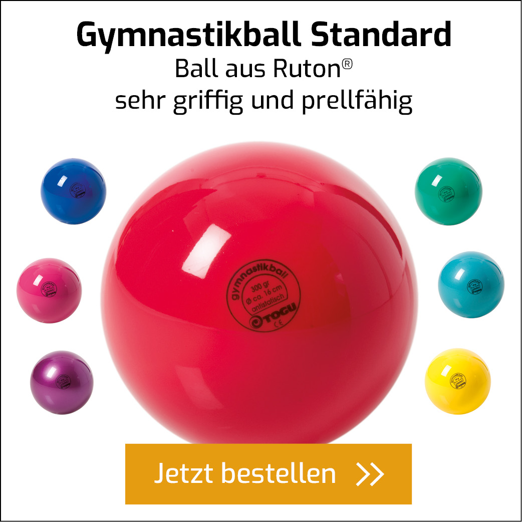 Sieben verschiedene Farben eines Gymnastikballs aus Ruton mit Button zum direkten Bestellen